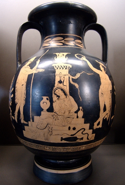 Παράσταση από λευκανική ερυθρόμορφη πελίκη του 4ου αιώνα π.Χ.  όπου απεικονίζονται  Ο Ορέστης, ο Ερμής και η Ηλέκτρα καθισμένη στο μνήμα του Αγαμέμνονα. Μουσείο του Λούβρου, Παρίσι.    